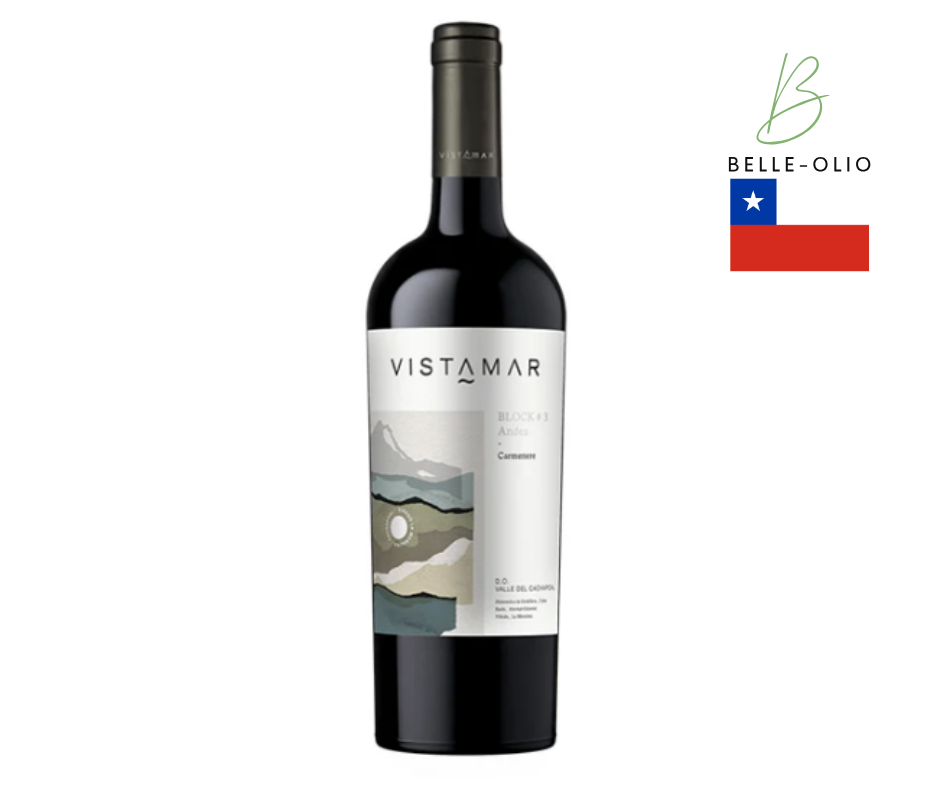 Vistamar Bloc #3 Andes Carmenere - Elegante en verleidelijk licht kruidige Carmenere met een aroma van donker fruit en rijpe groene paprika