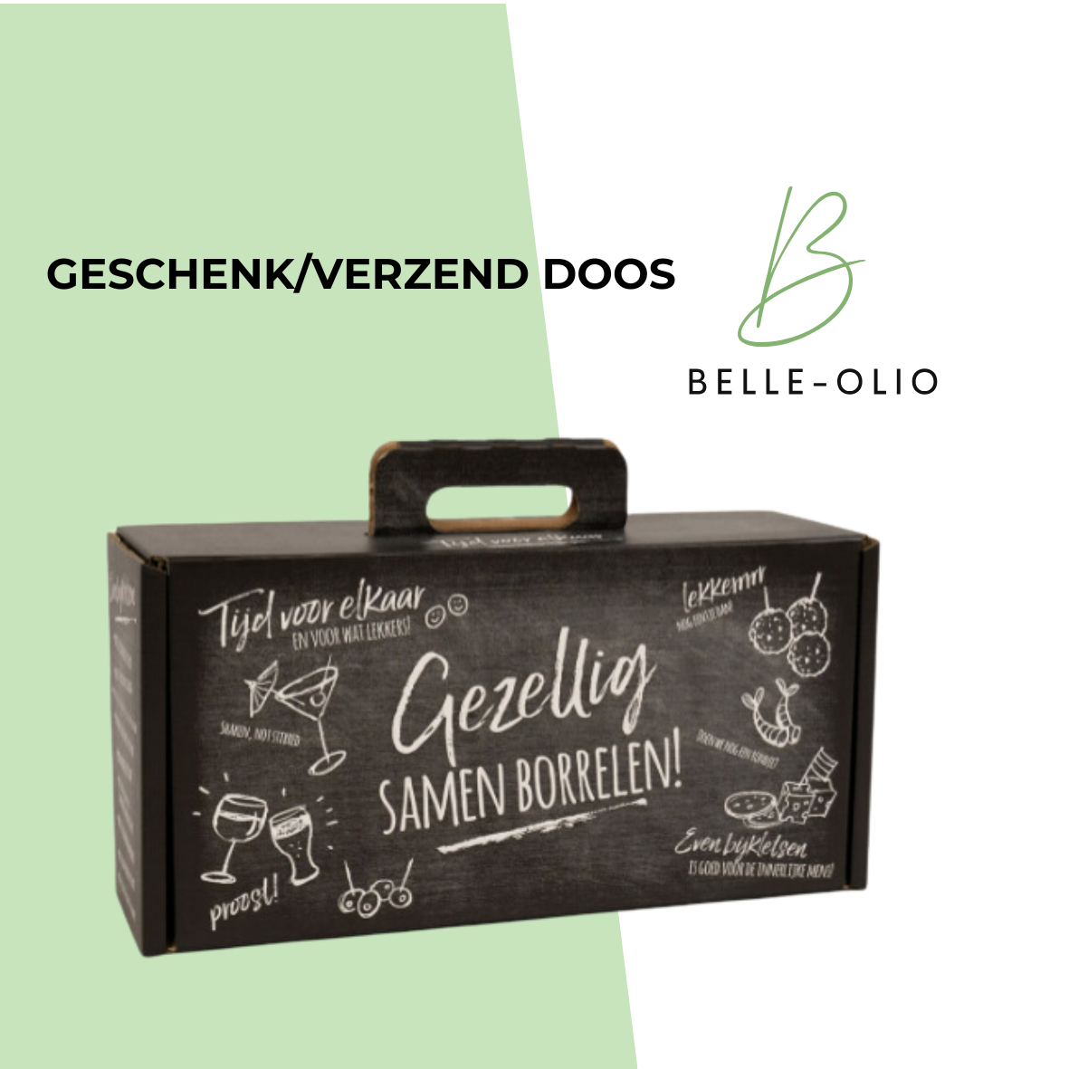 Borrelbox zwart op wit - 390 x 200 x 120mm + handvat