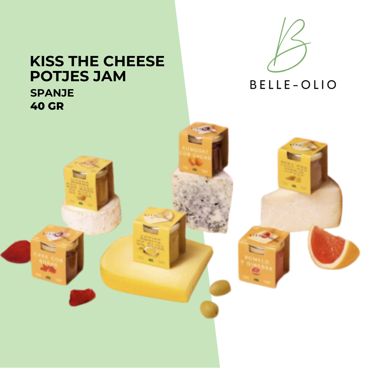 "Kiss the Cheese" Potjes Confituur 40gr . Smaken: Olijfolie, Cava met rozen, Kumquat met cacao, Grapefruit met Gin, Mango en Peer met venkel.