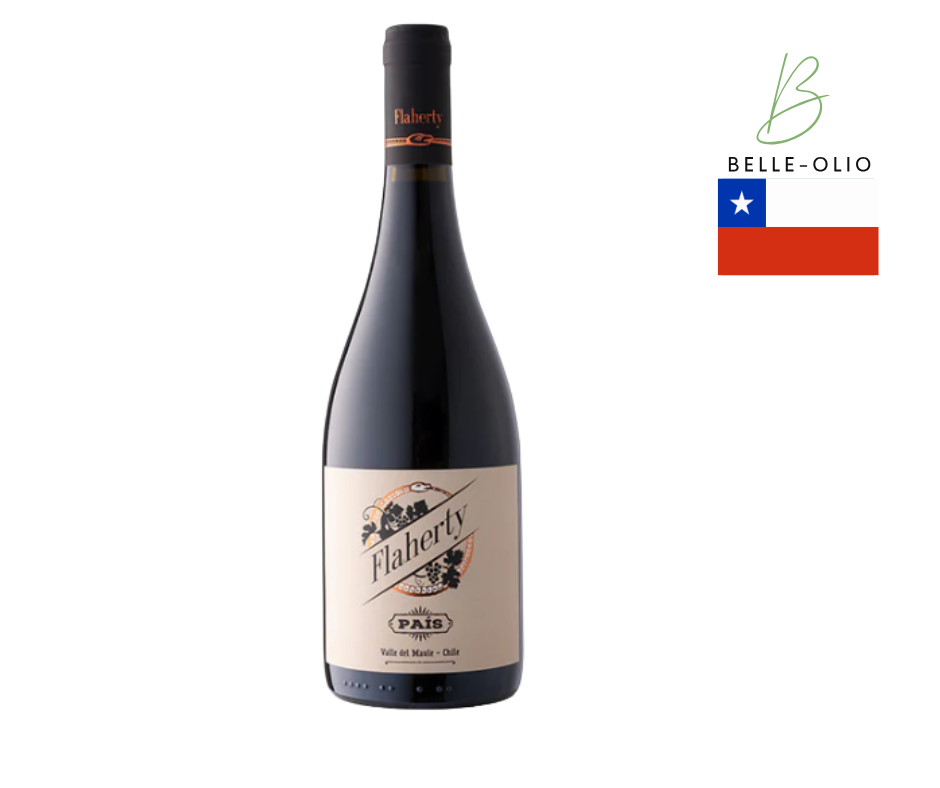 Flaherty Wines Pais - Sappige Pais uit de Maule vallei, met een verfijnde neus van aardbeien en lavendel, met een fruitig palet en een prikkelende afdronk.