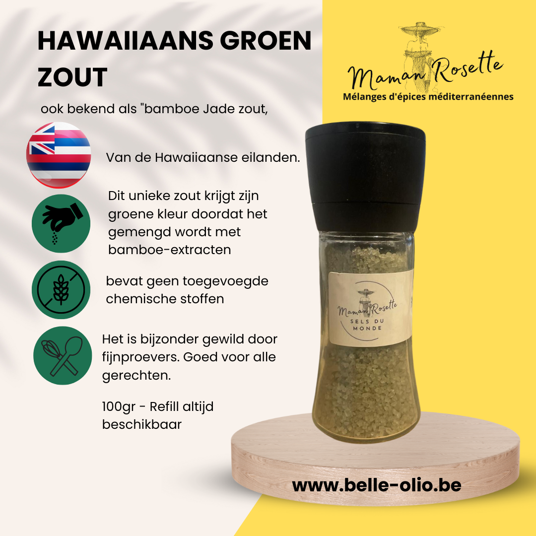 Hawaiiaans groen zout, ook bekend als "bamboe Jade zout,  Van Maman Rosette 100ml