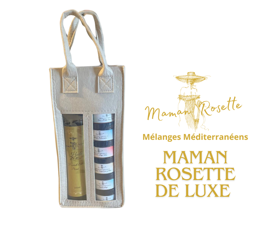 Maman Rosette De Luxe tas 1 fles olijfolie en 6 kruidenmengsels.